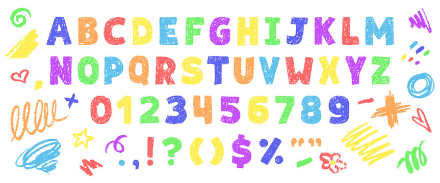 Crayon alphabet font. Hand drawn kids letters, children numbers color text doodle sketch pastel chalk school typography pencil playful handwriting qualitative vector illustration