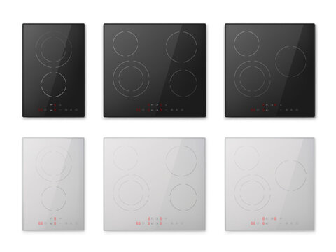 Induction stove. Realistic electric hob, modern ceramic cooktop glass burner hot surface kitchen cook plate flat control panel timer top view isolated 3d garish vector illustration