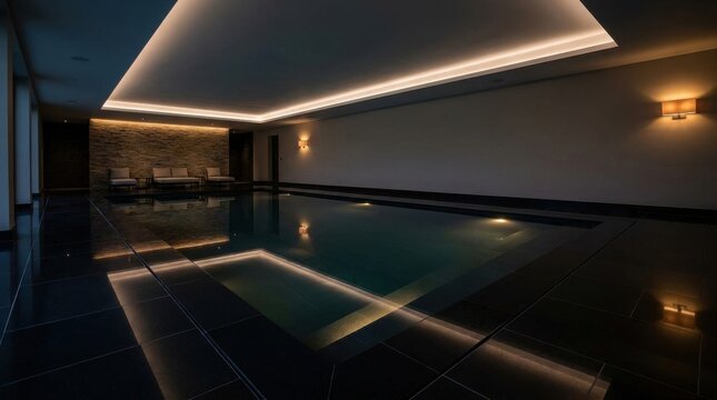 Luxurious indoor swimming pool illuminated with modern lighting, creating a tranquil ambiance