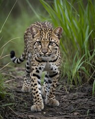 Fototapeta premium A pale oncilla , northern tiger cat genetic hybrid experiment fantasy animal, fictional species in a marshland