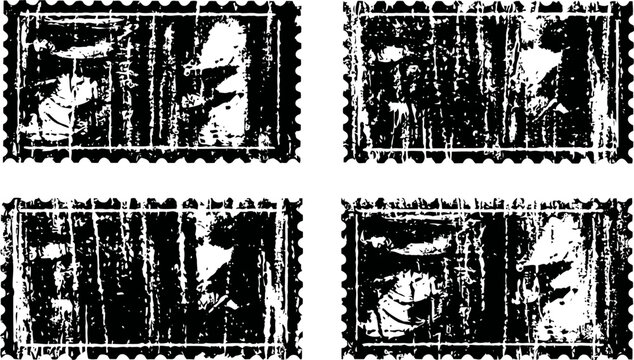 Vintage postage stamps with portrait and cancellation marks in black and white
