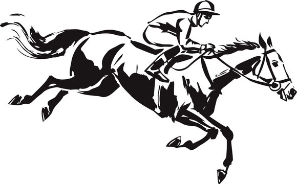 Jockey riding horse during a race, galloping horse with jockey in action, equestrian sport illustration