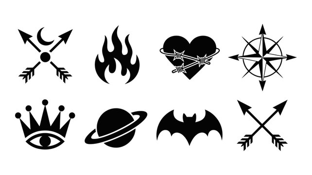 Dark celestial and gothic symbols: arrows flame heart with thorns compass crown planet bat, celestial