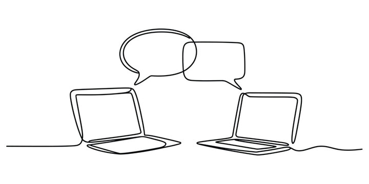 Two laptops with speech bubbles in continuous single line drawing style