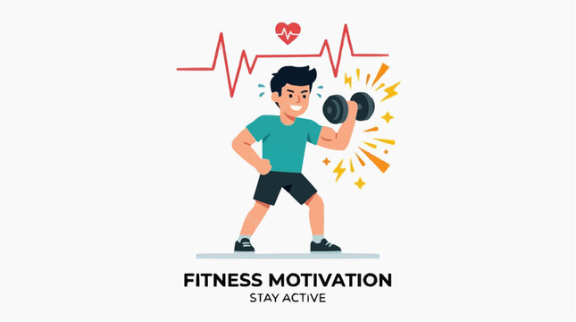 Fitness Motivation & Stay Active: A vibrant illustration showcasing a person actively engaged in weightlifting, accompanied by motivational text encouraging an active lifestyle.