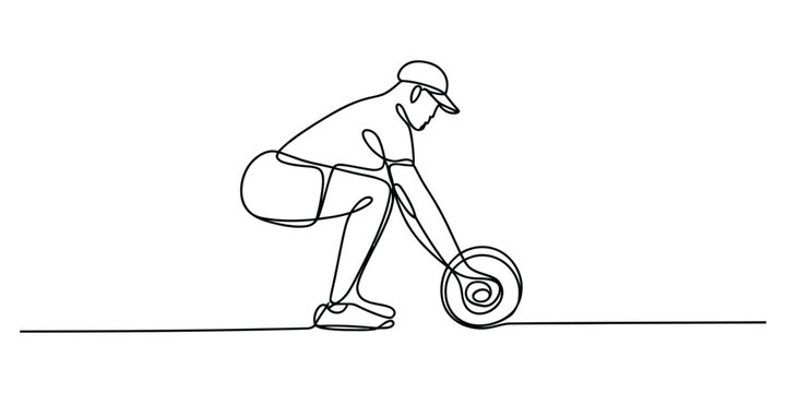 Continuous single line drawing of a man lifting a heavy weight plate