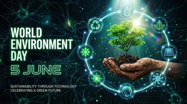 World Environment Day 5 June poster, sustainability through technology concept with green tree in hands, eco friendly digital icons and glowing earth