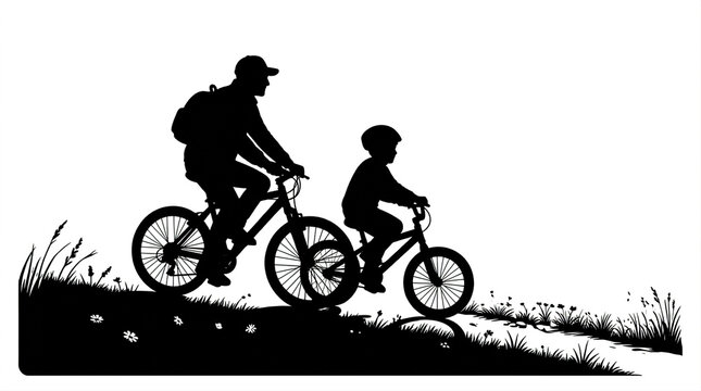 father teaching son cycling on countryside trail in silhouette