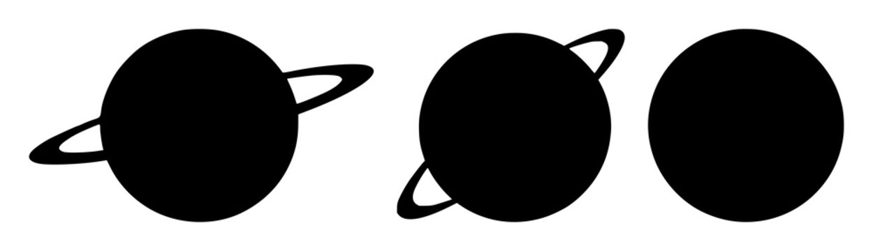 Planet icon set with solid black fill and simple outline design featuring celestial body, astronomy, solar system with space and universe