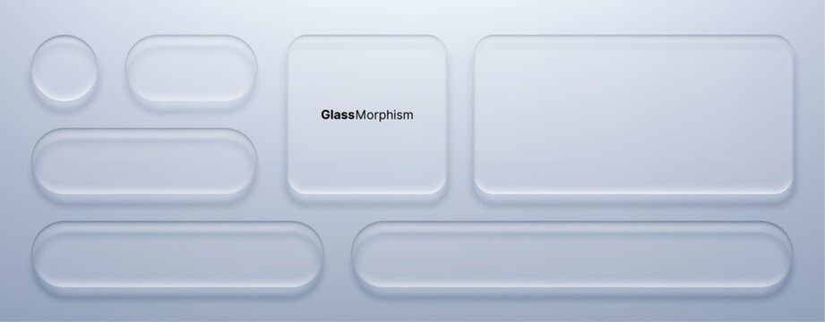 Liquid glass morphism vector set with various geometric shapes. Frosted translucent panel and button design for user interface. Modern abstract UI elements for digital web application.