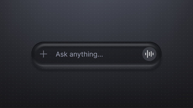 Search bar with liquid glass morphism effect. Dark user interface element for artificial intelligence assistant. Vector illustration of digital input field with voice command symbol.