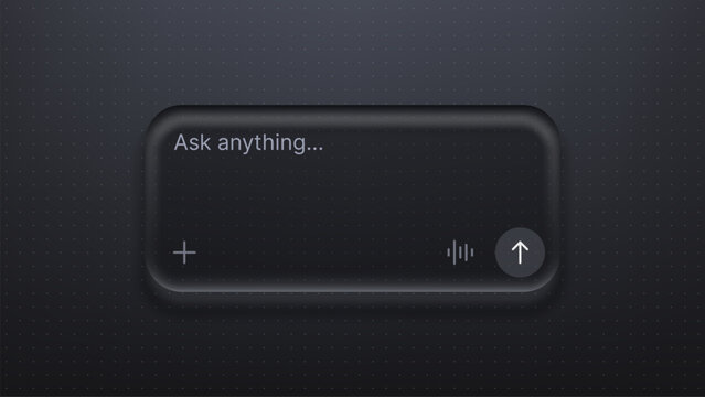 Chat interface with liquid glass morphism design. Modern dark chat box with prompt field and send button. Digital artificial intelligence interaction window for mobile application.