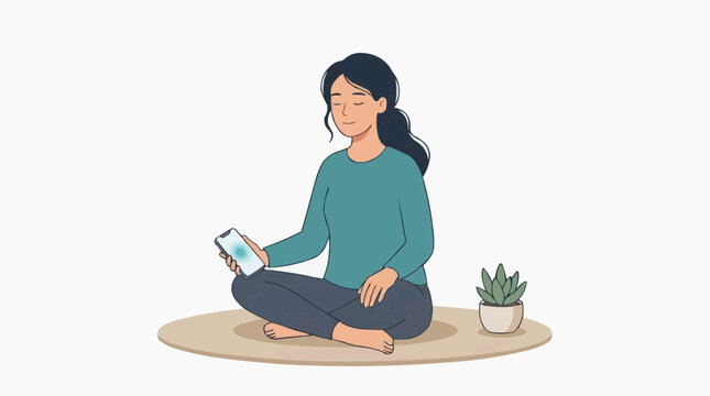 Woman meditating with phone in lotus pose on rug with potted plant vector style