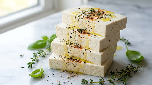 Four stacked blocks of raw firm tofu seasoned with olive oil and dried herbs on a white marble surface with fresh basil and thyme leaves