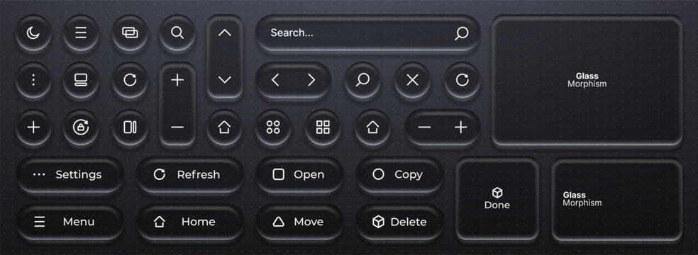 Dark interface elements with liquid glass morphism style. Modern UI symbols, buttons and navigation icons for software design. Matte black user interface kit with soft depth effect.