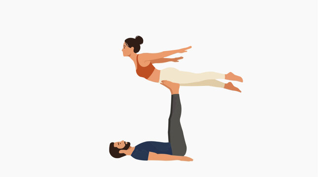 Couple practicing acro yoga together performing a balancing pose on a white background vector style