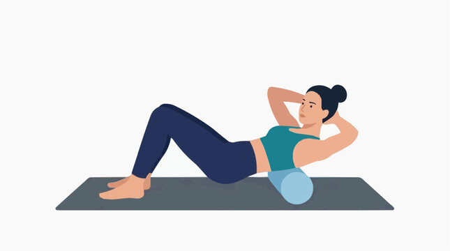 Woman doing back extension exercise on a foam roller on a yoga mat vector style