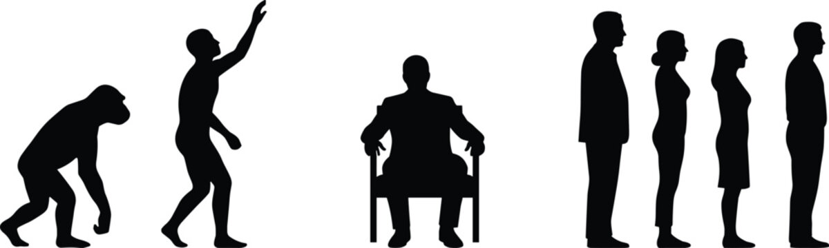 Black silhouette collection featuring human evolution stages chimpanzee to man sitting businessman and people standing in queue