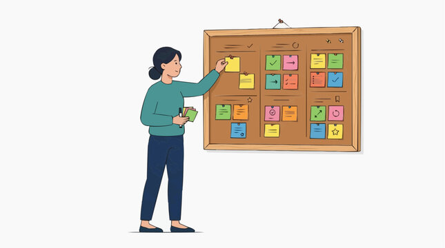Woman organizing tasks on a corkboard with sticky notes and icons vector style