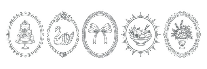 Five decorative hand drawn oval frames with cake swan bow fruit and flowers high quality professional © MOHAMMAD
