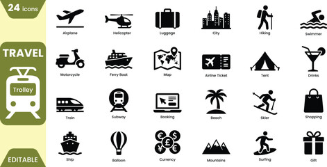 Travel and tourism icon set vector illustrations for vacation adventure and transportation themes © MDMasud