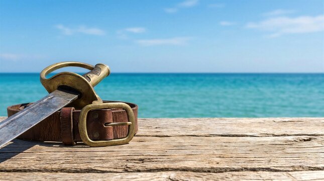 Pirate sword or cutlass lying on leather belt on weathered wooden pier near blue sea. Nautical adventure and maritime treasure hunting concept. Vintage weapon during ocean voyage.