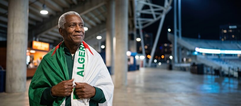 Older Algerian Football Fan Wrapped in National Flag at Stadium