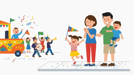 Fototapeta premium Family watches a colorful parade with marching band and float vector style