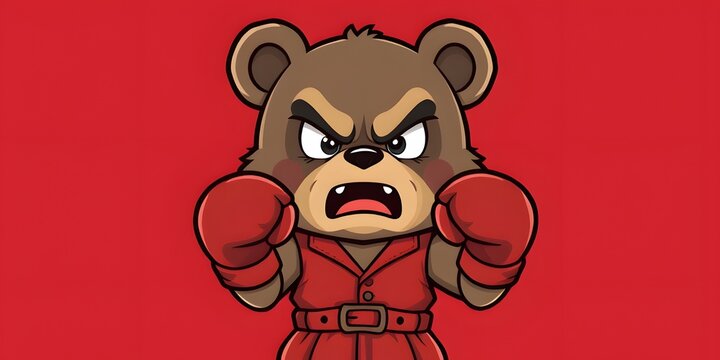 Adorable chibi bear in boxer outfit with boxing gloves, showing exaggerated angry emotions in a ready-to-fight pose on textured maroon background.