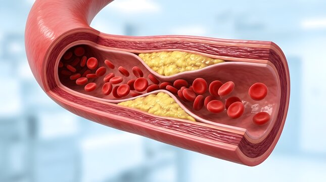 Crosssection of artery with plaque buildup and red blood cells flowing