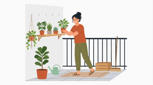 Woman tending to potted plants on a balcony with a watering can and broom vector style