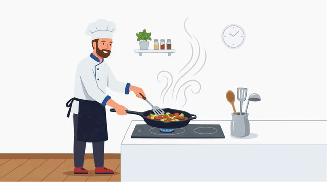 Culinary Creation: A chef expertly stirs ingredients in a pan over a stove, the essence of deliciousness wafting into the air in a clean kitchen.