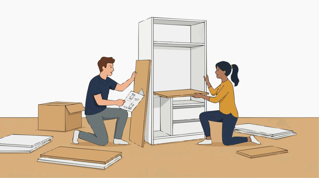 Couple assembling flat pack furniture together reading instructions and building a wardrobe vector style
