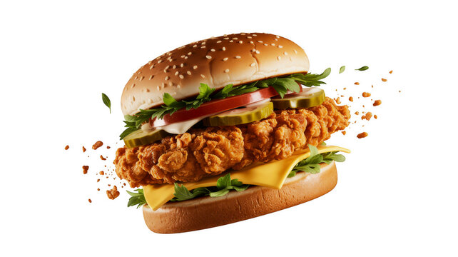 Crispy chicken burger with ingredients for fast food ads
