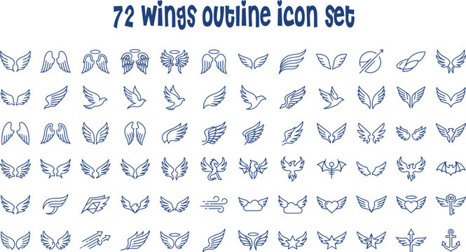 72 wings icon set, outline wing illustrations, blue vector icons, feather symbols collection