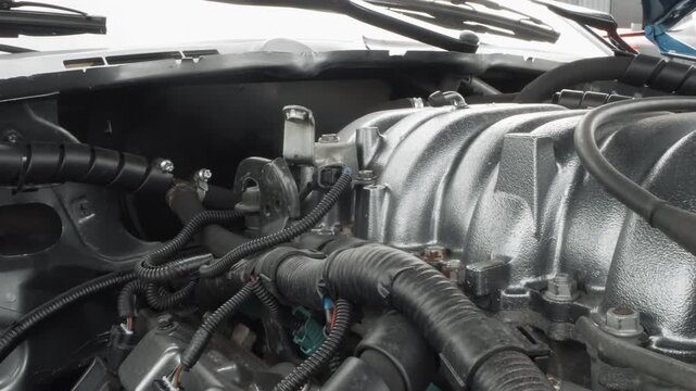 Closeup car engine intake manifold showing oily hoses and wiring harness, mechanic inspection vibe, workshop lighting, textured aluminum surface, visible connectors, clamps, vacuum lines, surface