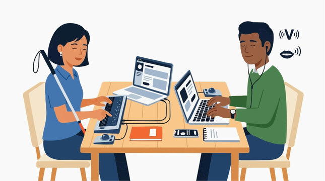 Diverse people using technology for accessibility and communication at a table vector style
