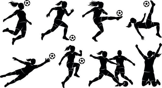 Set of female soccer player silhouettes in various action poses