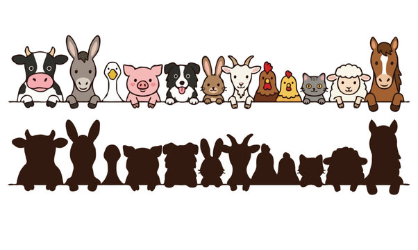Cute farm animals' cartoon and silhouette border set including cow, pig, sheep, and horse.