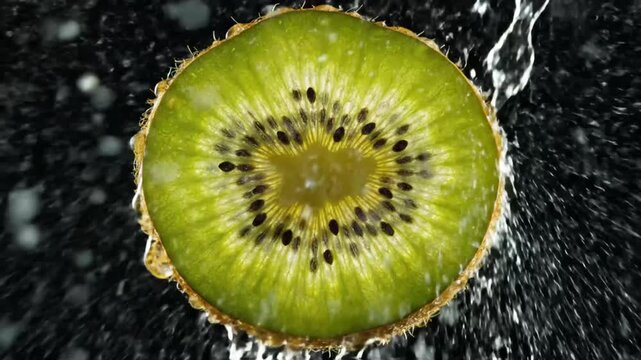 Close up of backlit kiwi fruit slice with water splashing