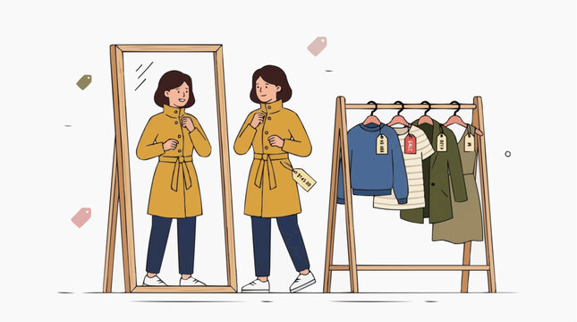Dressing Room Delights: A woman thoughtfully examines herself in a mirror, as she tries on a stylish coat, surrounded by a rack of fashionable clothes.