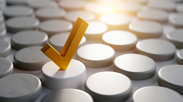 Golden checkmark icon standing out among many gray circular buttons, representing success, choice, and distinction