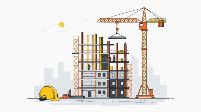 Construction Site Silhouette: An illustration of a modern construction site, featuring a towering crane meticulously building a skyscraper. The scene is a tribute to urban development.