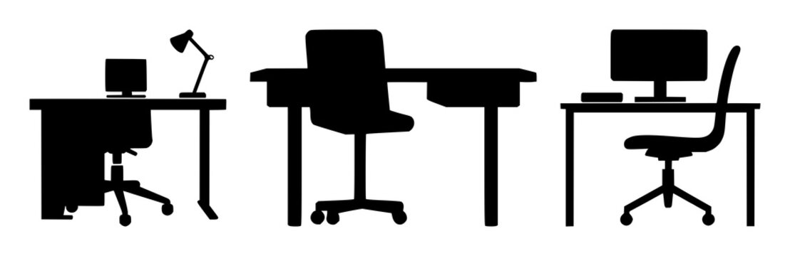 Desk chair set with solid black icon on white background featuring office furniture, seating, workspace with vector illustration and graphic design