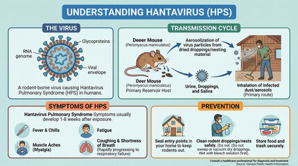 Fototapeta premium Comprehensive infographic on Hantavirus Pulmonary Syndrome (HPS): virus, transmission, symptoms, and prevention tips