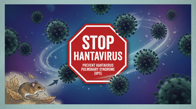 Educational graphic for Hantavirus prevention featuring a stop sign, deer mouse, and microscopic virus particles in a dark environment