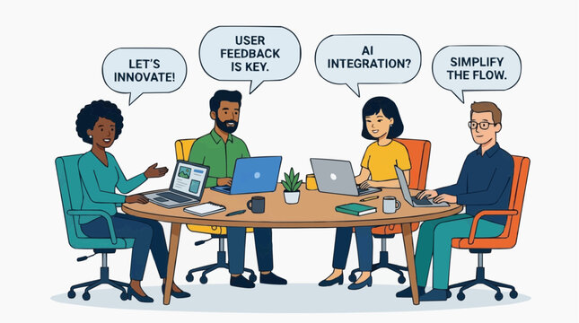 Brainstorming Session: A diverse group of colleagues engage in a lively brainstorming session, their animated speech bubbles highlighting key concepts