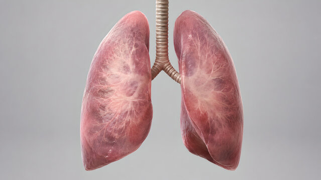 Photorealistic 3D human lungs, subtle perihilar haze, central lung opacity, bronchovascular detail, preserved pleural contours, medical hero render