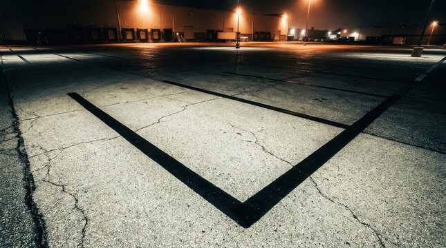 Bold black line delineates a parking space on concrete ground at night near warehouse loading docks with industrial lighting.