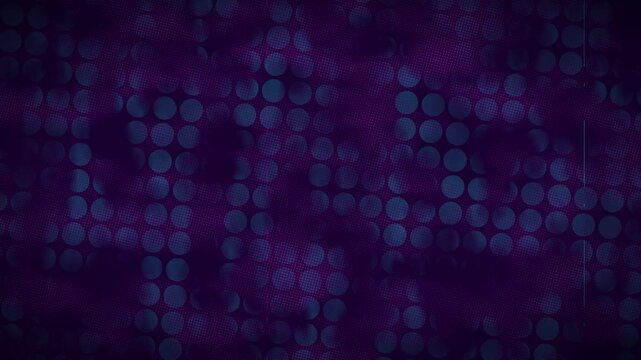A neon cyberpunk halftone texture overlay featuring overlapping magenta and cyan halftone dots, severe offset printing errors, and retro digital noise on a deep purple background in a 4K loop.